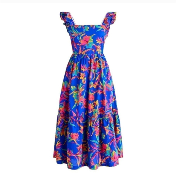 J. Crew Colorful Tropical Square Neck Ruffled Midi Smocked Cotton Dress 4 NWT - Picture 11 of 14